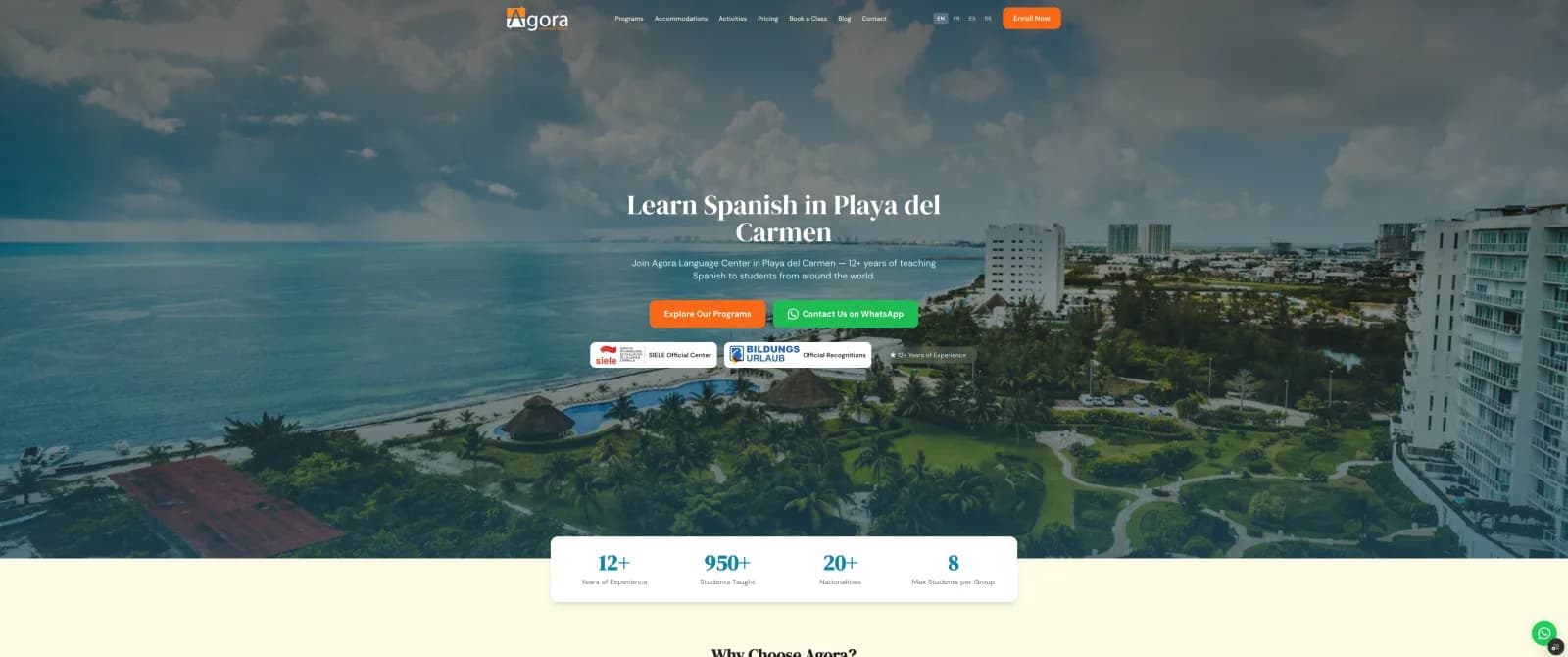 Aperçu du site bilingue de l'école de langues Agora Language Center